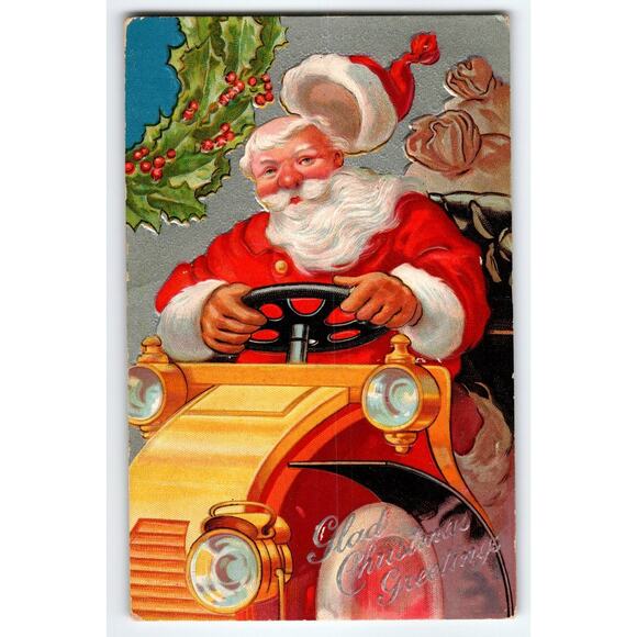 Vintage Santa Claus Christmas Postcard Driving Car Holiday Greeting - Picture 1 of 2